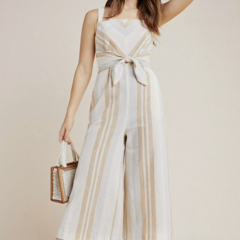 Anthropologie Savannah Striped Jumpsuit Striped Linen  - Tie in front or back